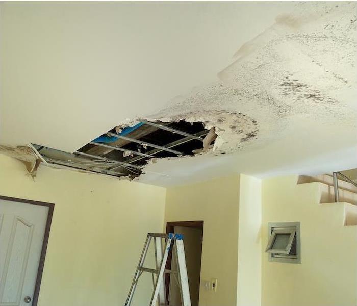 extensive water damage of a residential space with a large hole in the ceiling with visible mold damage and water stains